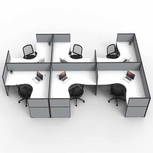 Fast Office Furniture - Serene Screen Hung 6-Way Corner Workstations, Natural White Tops, Grey Screen Dividers