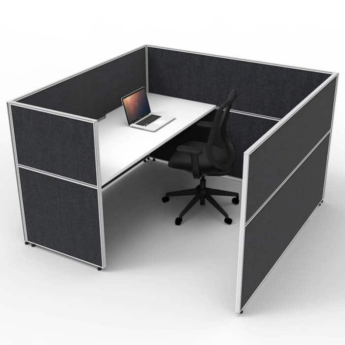 Fast Office Furniture - Serene Screen Hung Single Desk Wrap, Natural White Top, Black Screen Dividers