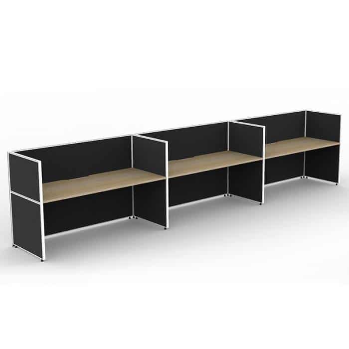 Fast Office Furniture - Serene Screen Hung 3 In-Line Desks, Natural Oak Tops, Black Screen Dividers