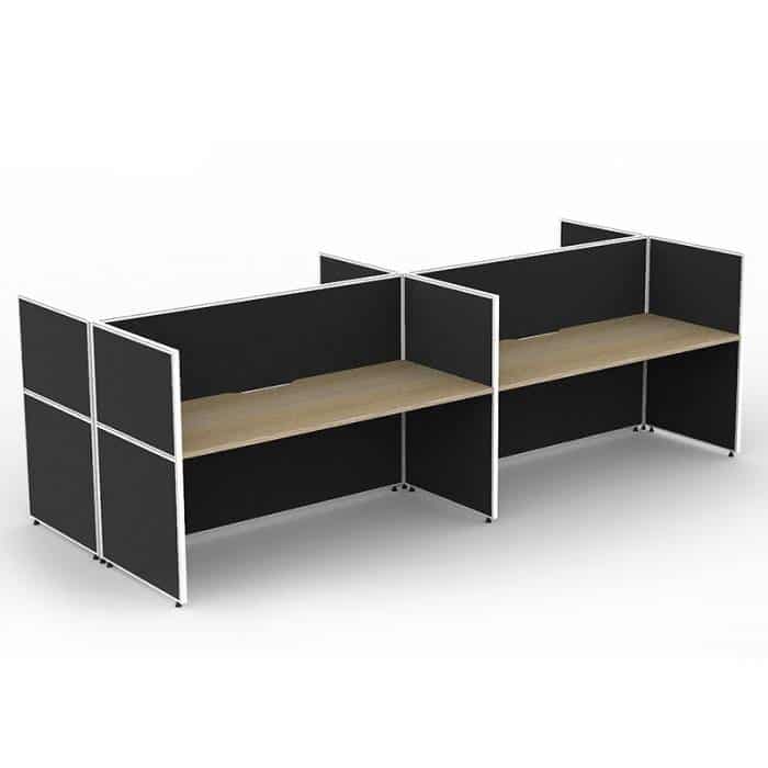 Fast Office Furniture - Serene Screen Hung 4 Back to Back Desks, Natural Oak Tops, Black Screen Dividers