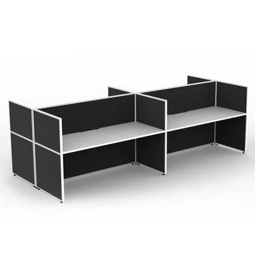 Fast Office Furniture - Serene Screen Hung 4 Back to Back Desks, Natural White Tops, Black Screen Dividers