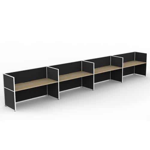 Fast Office Furniture - Serene Screen Hung 4 In-Line Desks, Natural Oak Tops, Black Screen Dividers