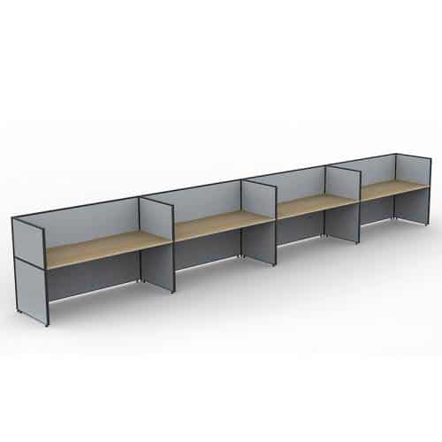 Fast Office Furniture - Serene Screen Hung 4 In-Line Desks, Natural Oak Tops, Grey Screen Dividers