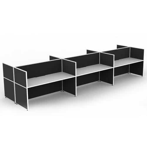 Fast Office Furniture - Serene Screen Hung 6 Back to Back Desks, Natural White Tops, Black Screen Dividers