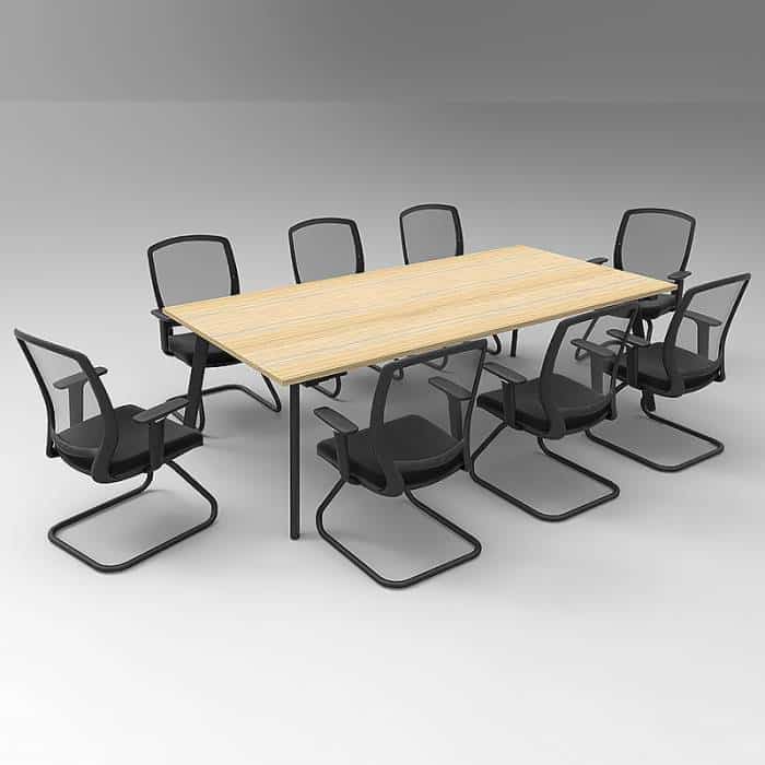 Fast Office Furniture -Enterprise 2400 x 1200 Meeting Table, Natural Oak Table Top, Black Frame, with 8 Chairs