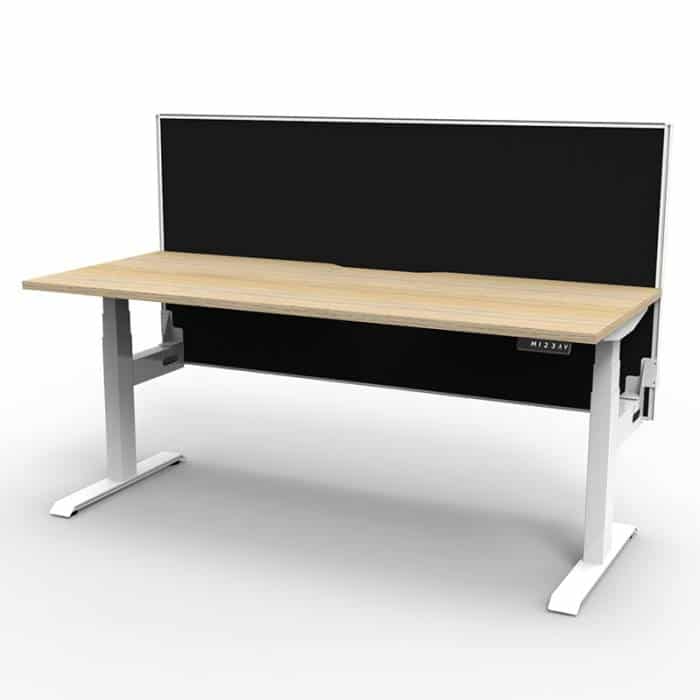 Fast Office Furniture - Flight Pro Plus Electric Height Adjustable Sit Stand Desk, with Black Screen Divider. Natural Oak Desk Top, Satin White Under Frame