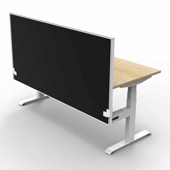 Fast Office Furniture - Flight Pro Plus Electric Height Adjustable Sit Stand Desk, with Black Screen Divider. Natural Oak Desk Top, Satin White Under Frame. Rear View