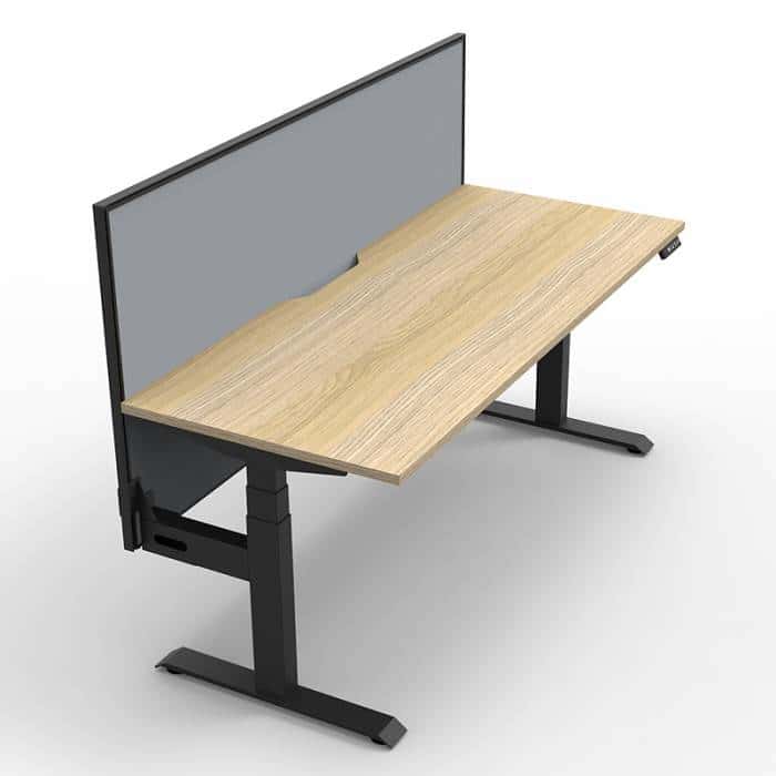 Fast Office Furniture -Flight Pro Plus Electric Height Adjustable Sit Stand Desk, with Grey Screen Divider. Natural Oak Desk Top, Satin Black Under Frame