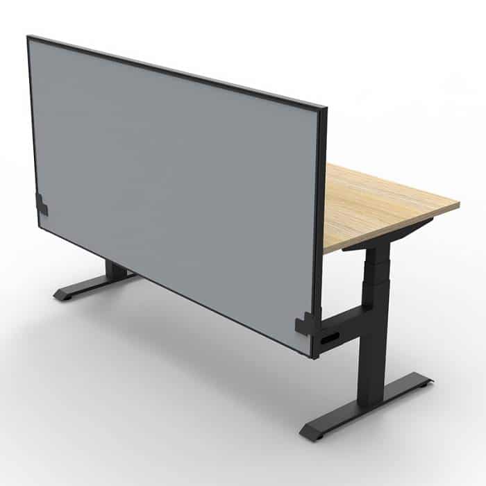Fast Office Furniture - Flight Pro Plus Electric Height Adjustable Sit Stand Desk, with Grey Screen Divider. Natural Oak Desk Top, Satin Black Under Frame. Rear View