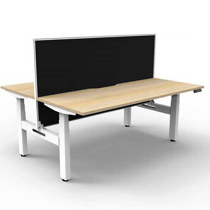 Fast Office Furniture - Flight Pro Plus Height Adjustable Sit Stand Back to Back Desks, with Black Screen Divider. Natural Oak Desk Tops, Satin White Under Frame