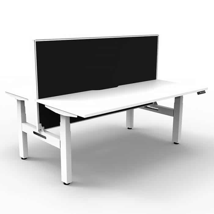 Fast Office Furniture - Flight Pro Plus Height Adjustable Sit Stand Back to Back Desks, with Black Screen Divider. Natural White Desk Tops, Satin White Under Fram