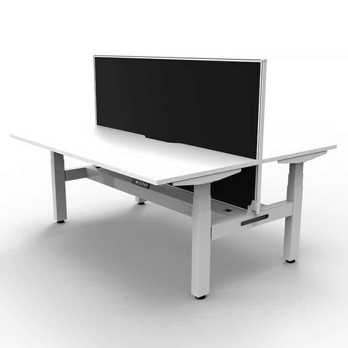 Fast Office Furniture -Flight Pro Plus Height Adjustable Sit Stand Back to Back Desks, with Cable Tray and Black Screen. Natural White Desk Tops, Satin White Under Frame