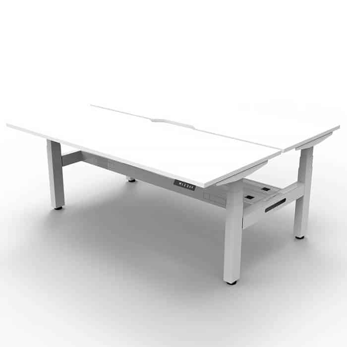 Fast Office Furniture - Flight Pro Plus Height Adjustable Sit Stand Back to Back Desks, with Cable Tray. Natural White Desk Tops, Satin White Under Frame