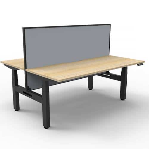 Fast Office Furniture - Flight Pro Plus Height Adjustable Sit Stand Back to Back Desks, with Grey Screen Divider. Natural Oak Desk Tops, Satin Black Under Frame