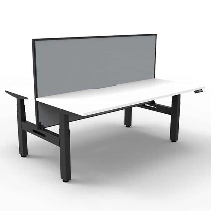 Fast Office Furniture - Flight Pro Plus Height Adjustable Sit Stand Back to Back Desks, with Grey Screen Divider. Natural White Desk Tops, Satin Black Under Frame