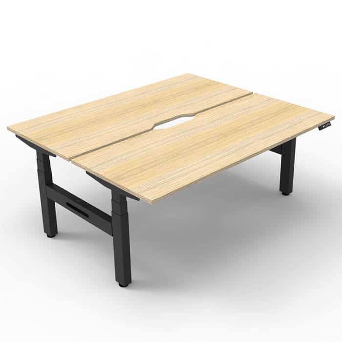 Fast Office Furniture - Flight Pro Plus Height Adjustable Sit Stand Back to Back Desks. Natural Oak Desk Tops, Satin Black Under Frame