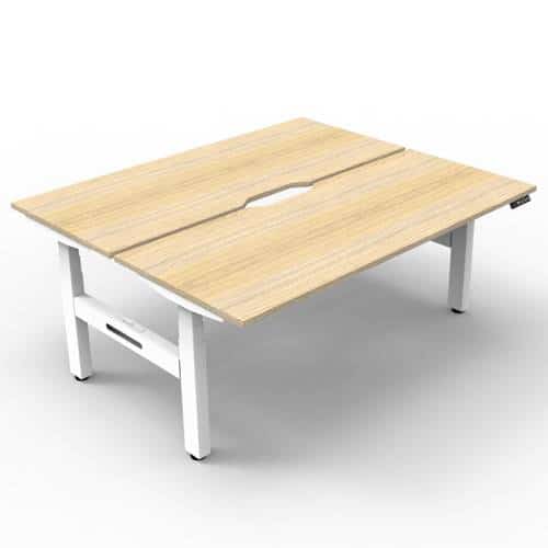 Fast Office Furniture -Flight Pro Plus Height Adjustable Sit Stand Back to Back Desks. Natural Oak Desk Tops, Satin White Under Frame