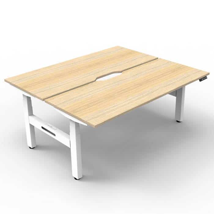 Fast Office Furniture -Flight Pro Plus Height Adjustable Sit Stand Back to Back Desks. Natural Oak Desk Tops, Satin White Under Frame