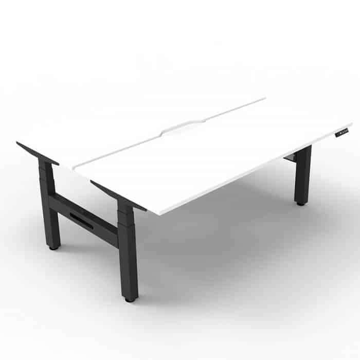 Fast Office Furniture - Flight Pro Plus Height Adjustable Sit Stand Back to Back Desks. Natural White Desk Tops, Satin Black Under Frame