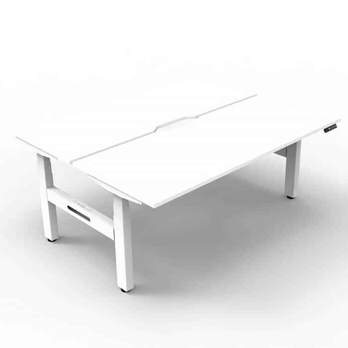 Fast Office Furniture - Flight Pro Plus Height Adjustable Sit Stand Back to Back Desks. Natural White Desk Tops, Satin White Under Frame
