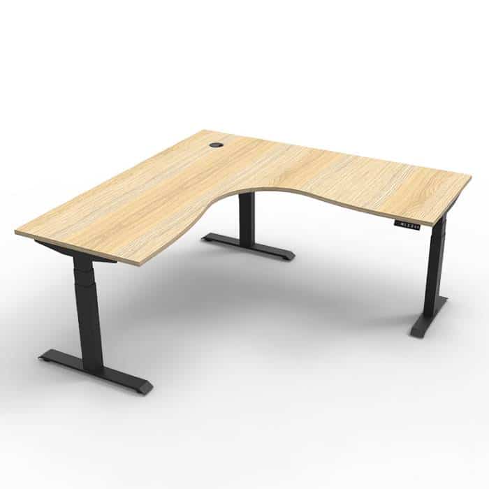 Fast Office Furniture - Flight Pro Plus Height Adjustable Sit Stand Corner Workstation, Natural Oak Desk Top, Satin Black Under Frame