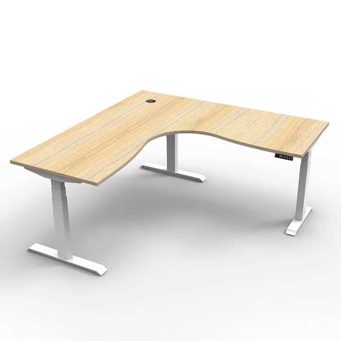 Fast Office Furniture - Flight Pro Plus Height Adjustable Sit Stand Corner Workstation, Natural Oak Desk Top, Satin White Under Frame