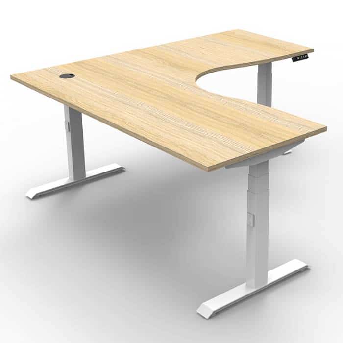 Fast Office Furniture - Flight Pro Plus Height Adjustable Sit Stand Corner Workstation, Natural Oak Desk Top, Satin White Under Frame. Rear View