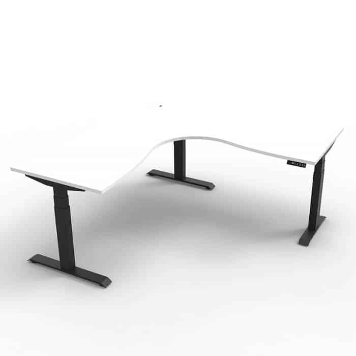 Fast Office Furniture - Flight Pro Plus Height Adjustable Sit Stand Corner Workstation, Natural White Desk Top, Satin Black Under Frame