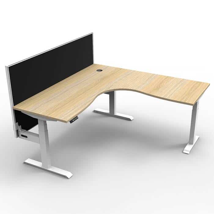 Fast Office Furniture - Flight Pro Plus Height Adjustable Sit Stand Corner Workstation, with Black Screen Divider. Natural Oak Desk Top, Satin White Under Frame