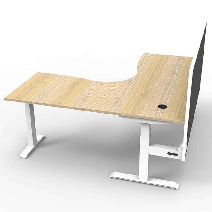 Fast Office Furniture - Flight Pro Plus Height Adjustable Sit Stand Corner Workstation, with Black Screen Divider. Natural Oak Desk Top, Satin White Under Frame. Side View