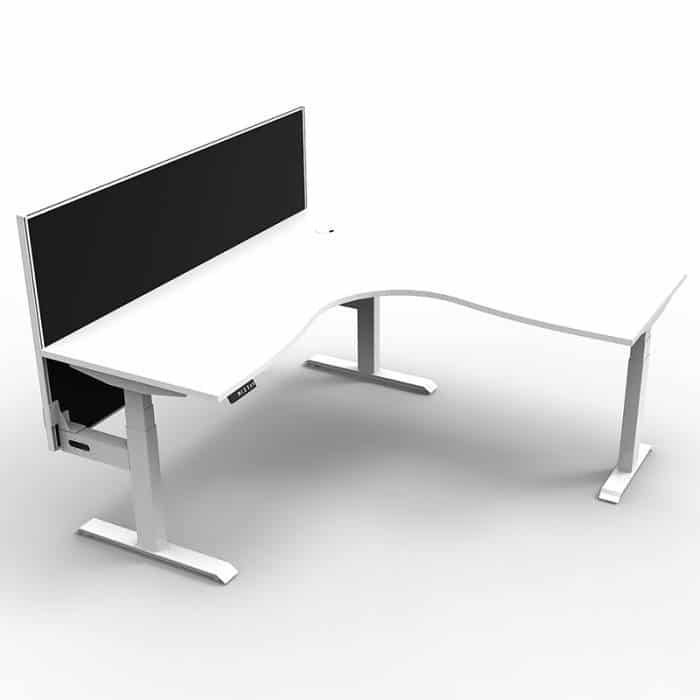 Fast Office Furniture - Flight Pro Plus Height Adjustable Sit Stand Corner Workstation, with Black Screen Divider. Natural White Desk Top, Satin White Under Frame