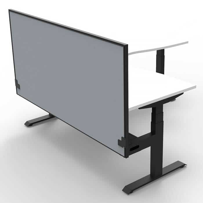 Fast Office Furniture -Flight Pro Plus Height Adjustable Sit Stand Corner Workstation, with Cable Tray and Grey Screen. Natural White Desk Top, Satin Black Frame. Rear View