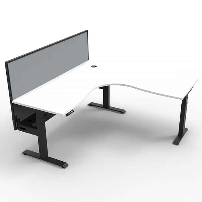 Fast Office Furniture - Flight Pro Plus Height Adjustable Sit Stand Corner Workstation, with Cable Tray and Grey Screen. Natural White Desk Top, Satin Black Under Frame