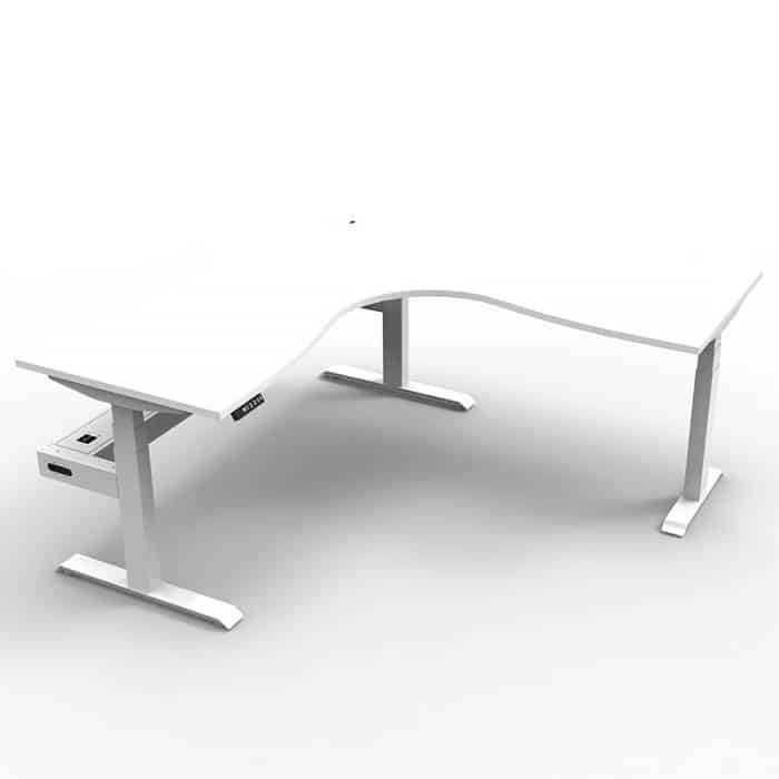 Fast Office Furniture - Flight Pro Plus Height Adjustable Sit Stand Corner Workstation, with Cable Tray. Natural White Desk Top, Satin White Under Frame