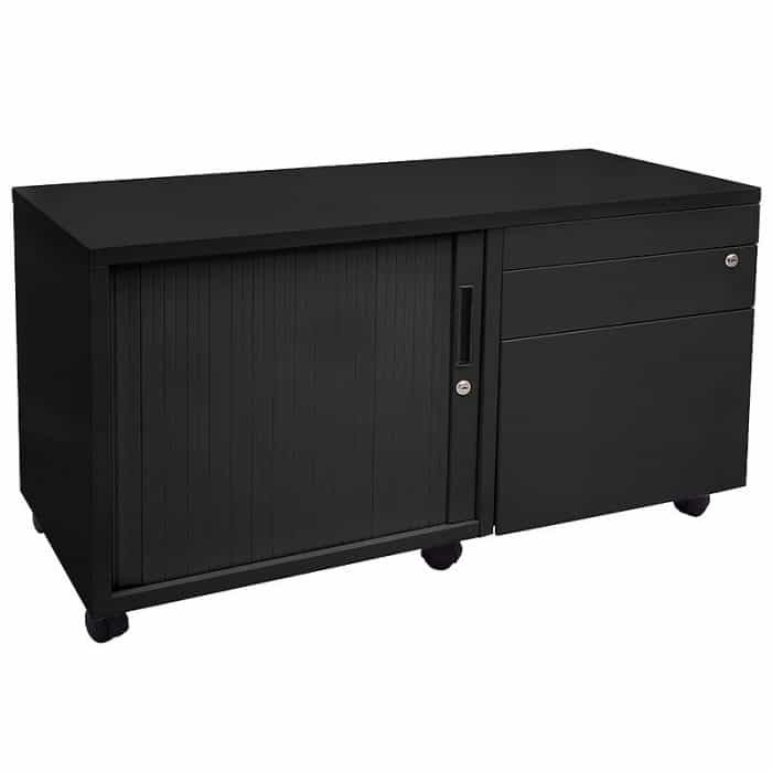 Super Strong Metal Mobile Storage Caddy Black Left Hand Tambour Door Right Hand Drawers