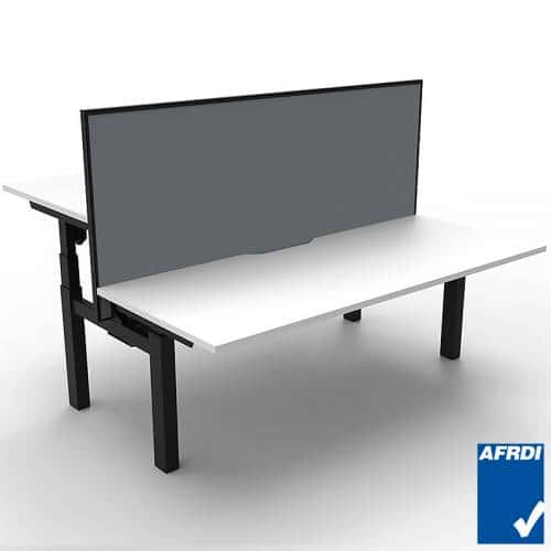Fast Office Furniture - Flight Pro Electric Height Adjustable Sit Stand Back to Back Desks with Grey Screen Divider, Natural White Desk Tops, Satin Black Under Frame