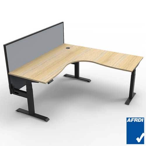 Fast Office Furniture - Flight Pro Electric Height Adjustable Sit Stand Corner Desk with Grey Screen Divider, Natural Oak Desk Top, Satin White Under Frame
