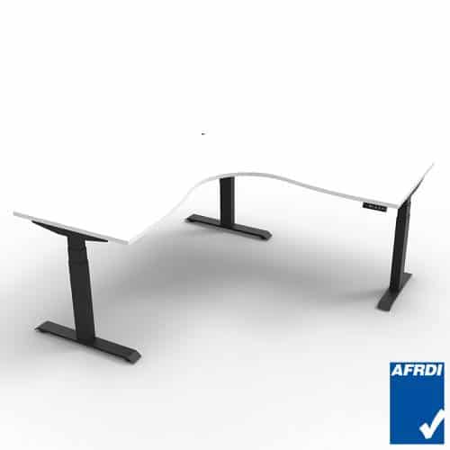 Fast Office Furniture - Flight Pro Electric Height Adjustable Sit Stand Corner Desk with Natural White Desk Top, Satin Black Under Frame | computer corner desk