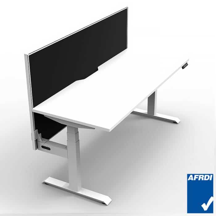 Fast Office Furniture - Flight Pro Electric Height Adjustable Sit Stand Desk with Black Screen Divider, Natural White Desk Top, Satin White Under Frame | electric sit stand desk with drawer | standing desk with storage