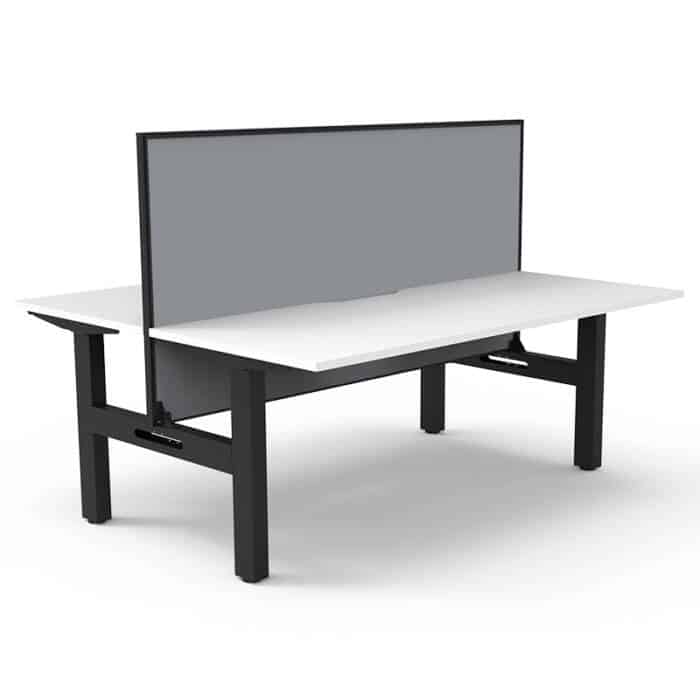 Flight Pro Fixed Height Back to Back Desks with Screen Divider. Natural White Desk Tops, Satin Black Frame, Grey Screen