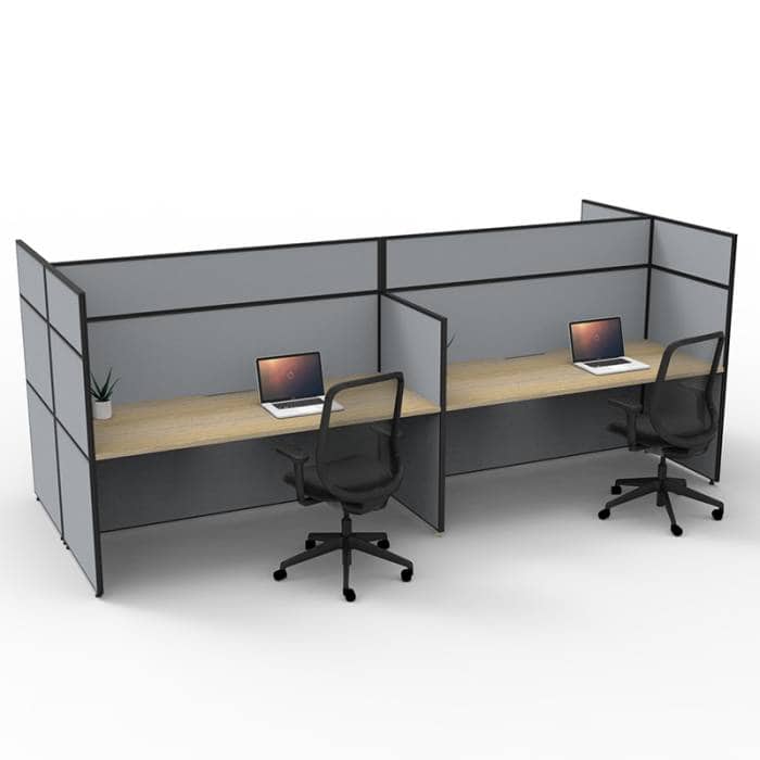 Serene Screen Hung 4 Back To Back Desks, Natural Oak Tops, Grey 1500 & 1200mm High Screen Dividers