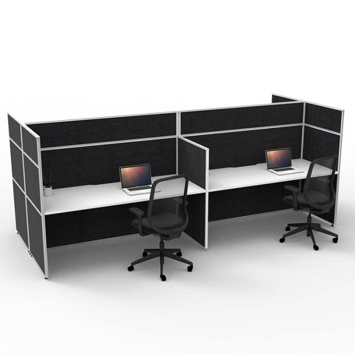 Serene Screen Hung 4 Back To Back Desks, Natural White Tops, Black 1500 & 1200mm High Screen Dividers